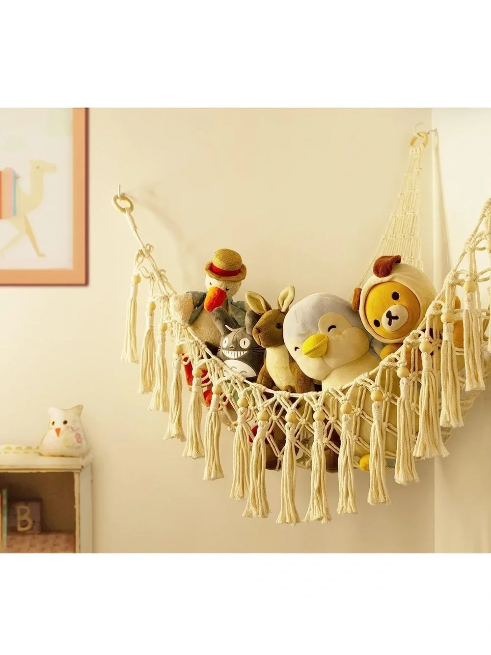 Kids Cream Macramé Hammock Shelf with Star String Lights - Cream set of 2
